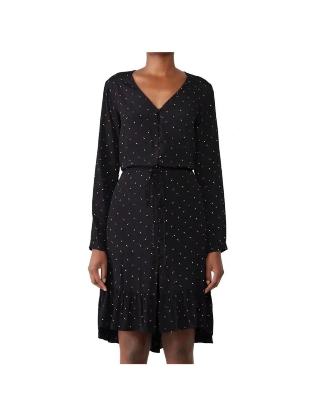 Rails Jade Offset Dot Dress Sz M Button Front Tiered Long Sleeve Black Polka Dot